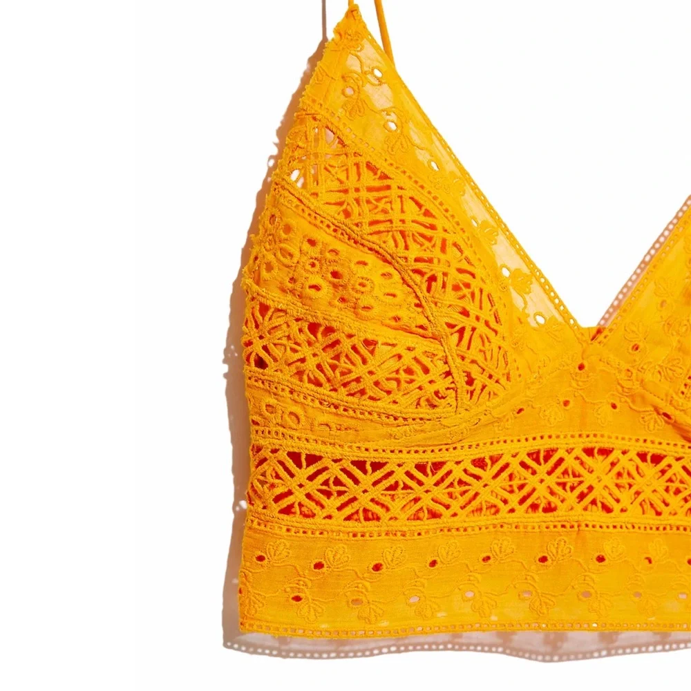 FREE PEOPLE Carina Bralette Eyelet Smocking Mango Gold NWT